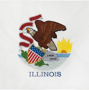 The image displays the Illinois state seal featuring a bald eagle perched on a rock inscribed with "1868 1818," a shield with stars and stripes, a rising sun, and the word "ILLINOIS" in blue text below. The seal visually represents the state at the center of the news about Illinois delaying its pioneering crypto tax implementation until July 2027.