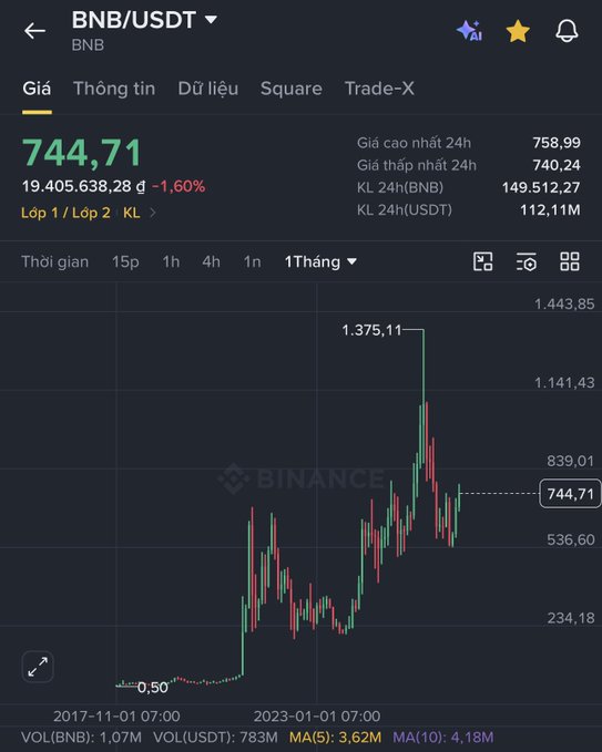 Binance trading app screenshot showing the BNB/USDT trading pair at a price of 744.71, down 1.60%, with a 1-month candlestick chart.