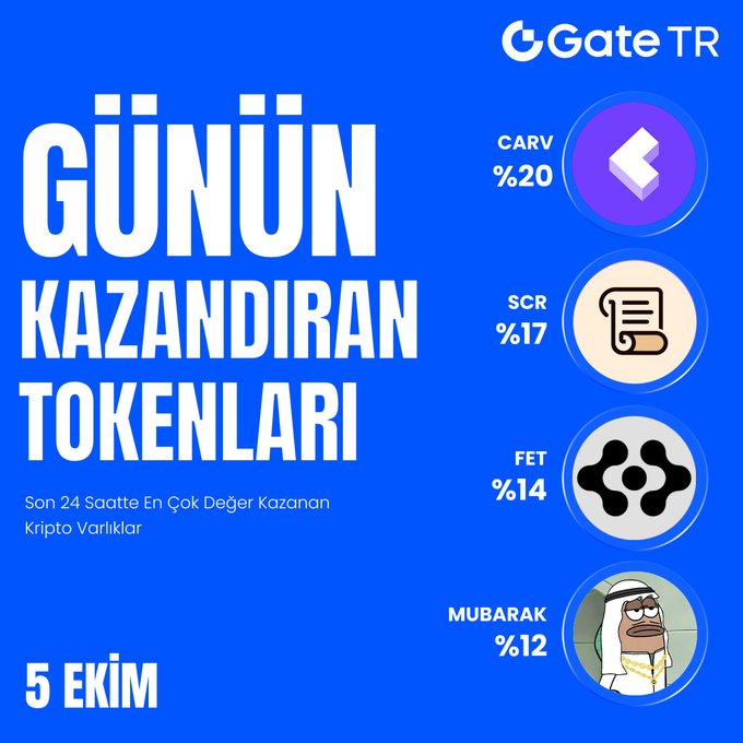 A blue promotional graphic from Gate TR titled "GÜNÜN KAZANDIRAN TOKENLARI" dated "5 EKİM", showing top gaining crypto assets CARV %20, SCR %17, FET %14, and MUBARAK %12.