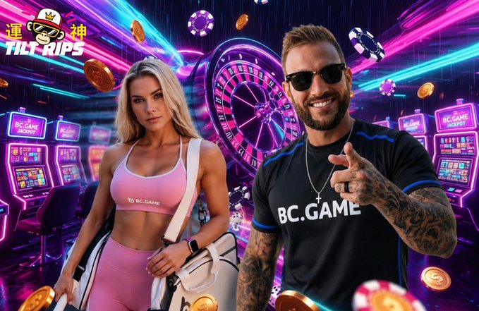 The image features a man wearing sunglasses, standing next to a woman who is also dressed up for a night out at a casino or gaming establishment. They are both smiling and posing for a picture together. The background of the photo shows a casino with slot machines, indicating that they might be there for some form of entertainment or gambling activity. The post includes text such as "GM legends and happy Friday! Still feeling amazing from my @TiltRips stream last night! Peaked at 2K+ live viewers!!!! @bcgame stream sometime this weekend with wifey!".