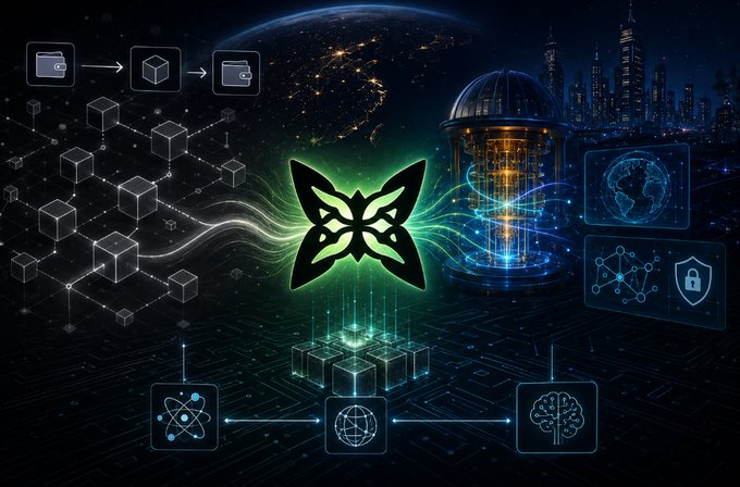 Digital artwork depicting a glowing green butterfly/moth logo connected to blockchain and AI technology icons (wallets, blocks, atom, network nodes, AI brain, shield) with a futuristic cityscape and Earth in the background.