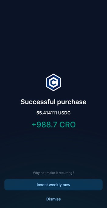 A dark blue screen showing a 'Successful purchase' confirmation for 55.414111 USDC, awarding '+988.7 CRO' with options to 'Invest weekly now' or 'Dismiss'.