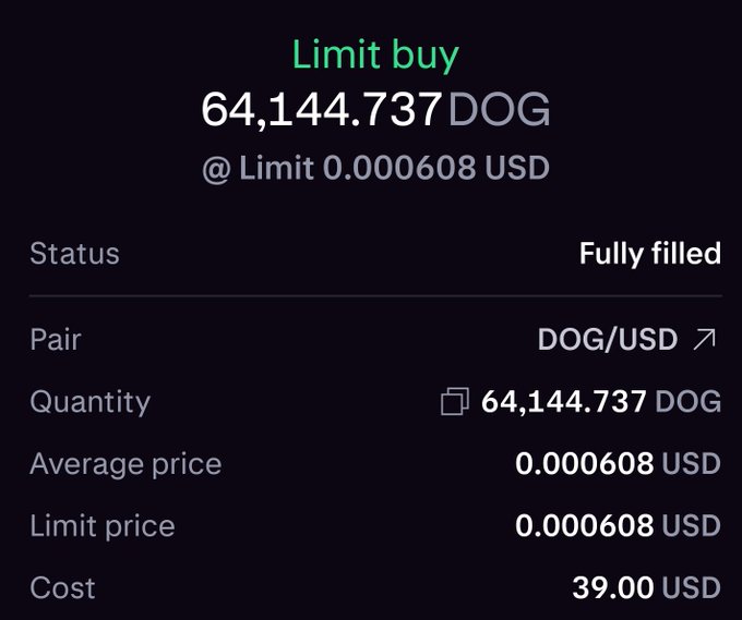 A trading app screenshot showing a fully filled limit buy order for 64,144.737 DOG at $0.000608 USD, totaling $39.00.