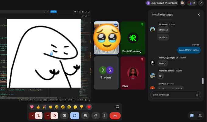 A Google Meet video call screenshot shows a sad crying meme shared during class, with the in-call chat displaying messages where "hkasdev" confirms "yes its ls" and others discuss learning, suggesting the participant used humorous emoji reactions to get their tutor's attention during a Rust/Solana programming lesson.