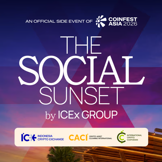 An advertisement for 'THE SOCIAL SUNSET by ICEx GROUP', an official side event of COINFEST ASIA 2026, featuring logos for Indonesia Crypto Exchange, CACI, and International Crypto Custodian.