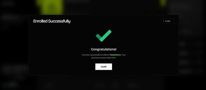 A dark pop-up window displays 'Enrolled Successfully' with a green checkmark and 'Congratulations!' message, thanking the user for joining 'Hoodlovers'.
