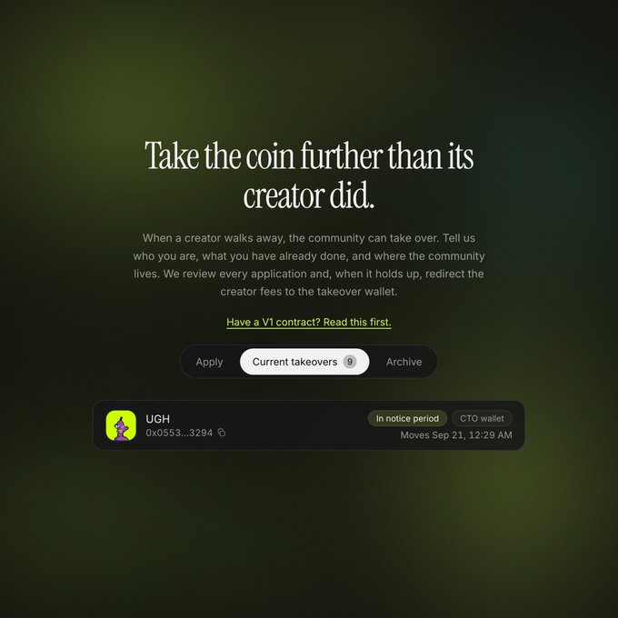 A webpage titled 'Take the coin further than its creator did' explaining a community takeover process, showing tabs for 'Apply', 'Current takeovers (3)', and 'Archive', with a UGH token application in notice period moving Sept 21 to CTO wallet.
