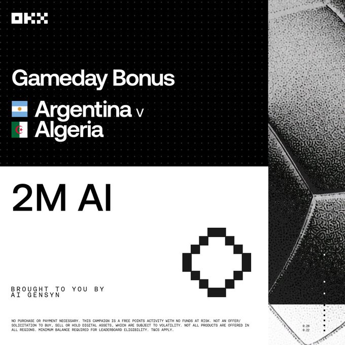 The image features a soccer ball with the text "Gameday Bonus" written above it, along with the names of two countries - Argentina and Algeria. The background of the image is black and white, which contrasts with the colorful soccer ball. Below the soccer ball, there's a logo for the Gensyn Foundation that says "To you by AlGenysn". This text suggests that the image might be related to an advertisement or promotional campaign for the Gensyn Foundation, possibly featuring the soccer ball as part of their marketing strategy.
