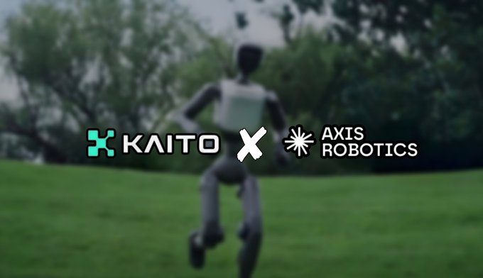 A promotional image showing a humanoid robot outdoors with the logos for 'KAITO' and 'AXIS ROBOTICS' overlaid on the center.