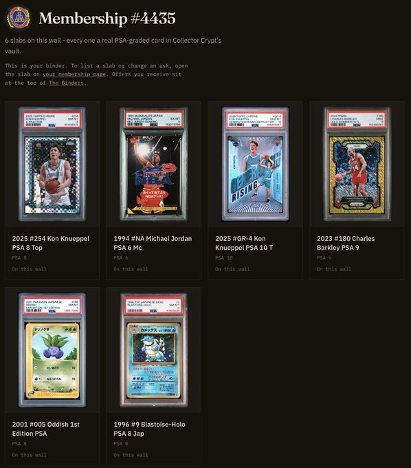 A digital collectibles vault titled 'Membership#4435' on Collector Crypt's platform, displaying six PSA-graded cards including 2025 #254 Kon Knueppel, 1994 #NA Michael Jordan, 2025 #GR-4 Kon Knueppel, 2023 #180 Charles Barkley, 2001 #005 Oddish, and 1996 #9 Blastoise-Holo.