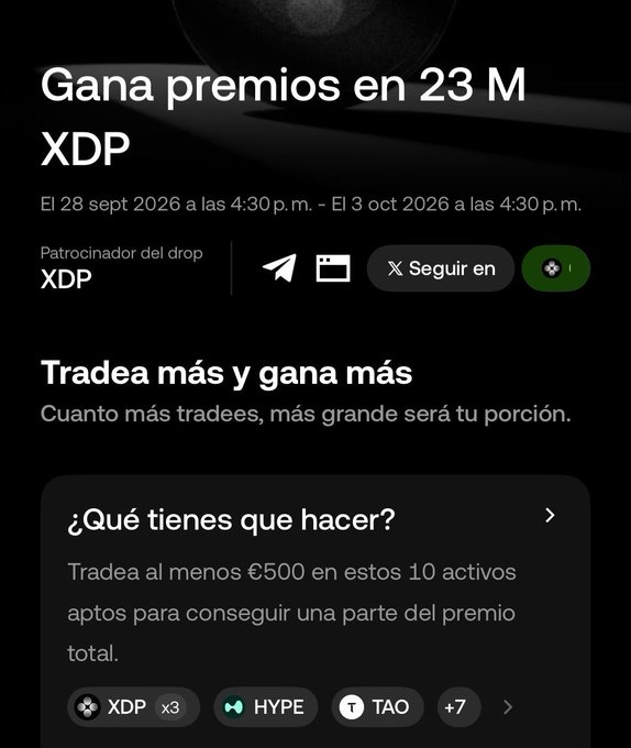 A promotional page from OKX advertising an airdrop of 23 million XDP tokens, running from September 28 to October 3, 2026, where users can earn rewards by trading at least €500 across eligible assets including XDP (x3), HYPE, and TAO (+7 others) to celebrate the launch of Doppler (XDP).