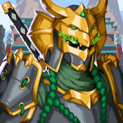 Digital artwork of a golden dragon-like warrior character with green accents, horns, and a sword strapped to its back.
