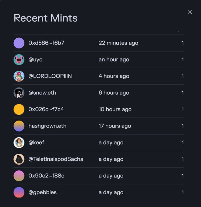 A dark-themed UI panel titled 'Recent Mints' lists users (mix of @handles and 0x… wallet addresses) with timestamps ranging from '22 minutes ago' to 'a day ago' and a quantity of '1' for each.