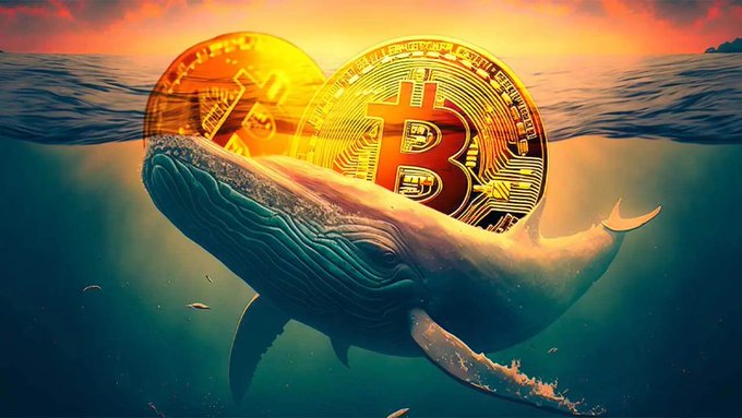 A digital artwork depicts a large whale swimming underwater with a glowing heart-shaped Bitcoin emerging from the water above it against a sunset sky.