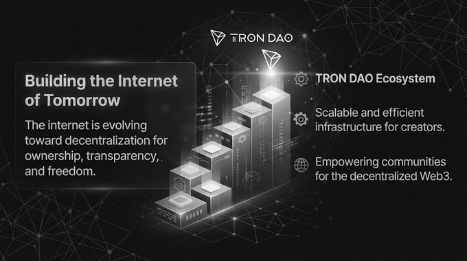 A promotional graphic for TRON DAO titled 'Building the Internet of Tomorrow' highlighting scalable infrastructure and Web3 community empowerment.