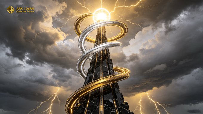 A dramatic futuristic tower spirals upward through stormy skies, illuminated by glowing golden rings and struck by lightning at its peak, symbolizing power and breakthrough. The "ARK | DeFAI | Code the Future" logo appears in the corner, reinforcing the post's theme of Arkie AI pushing forward through pressure toward real execution and scale.