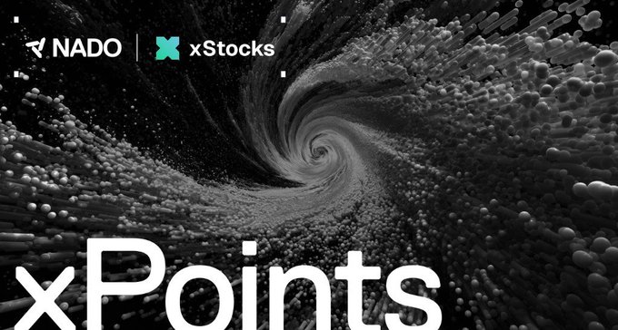 A promotional banner featuring a black and white swirling vortex graphic with the NADO and xStocks logos at the top, and large white text reading 'xPoints' at the bottom.