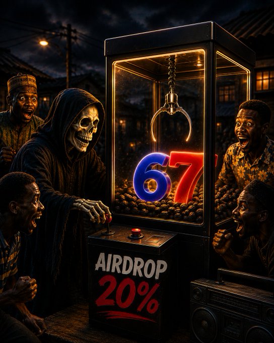 A grim reaper operates an arcade claw machine filled with tokens marked "67," surrounded by excited onlookers, while the machine's base advertises an "AIRDROP 20%," visually capturing the urgency and opportunity of the @sixsevenapp token redemption wave.