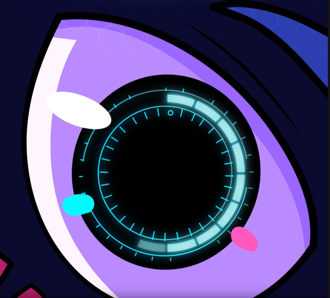 A stylized illustration of a large robotic or cybernetic eye with a glowing blue iris and digital patterns, set against a purple and dark blue background.