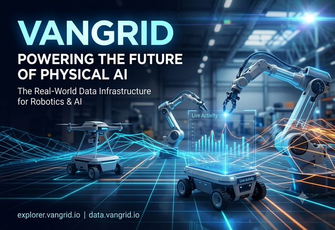 An advertisement for Vangrid displays the tagline 'POWERING THE FUTURE OF PHYSICAL AI' and 'The Real-World Data Infrastructure for Robotics & AI', showing robotic arms and drones alongside the URLs explorer.vangrid.io and data.vangrid.io.