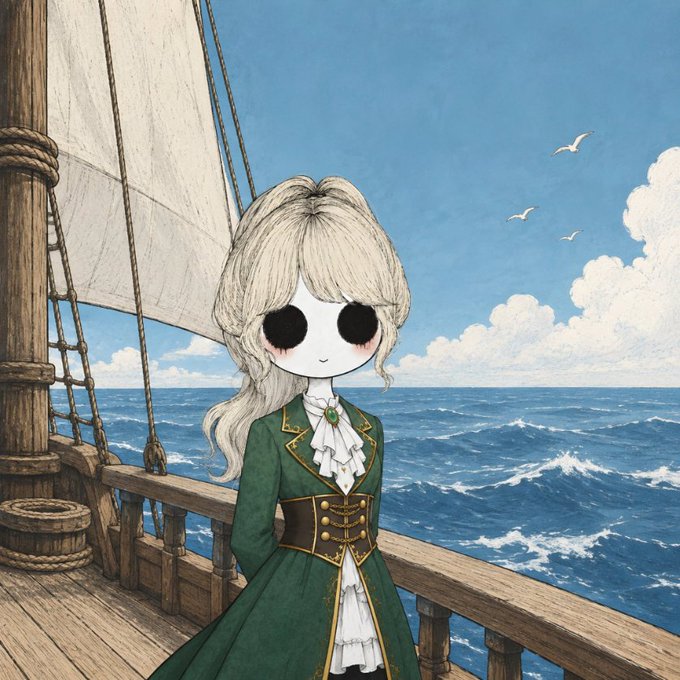 A pale, doll-like figure with button eyes stands aboard a wooden sailing ship in a dark green Victorian-style dress, evoking the eerie aesthetic of the Hollow Ones NFT collection. The haunting maritime scene mirrors the "forgotten" theme of the giveaway, inviting collectors to claim one of 3,333 haunting avatars.