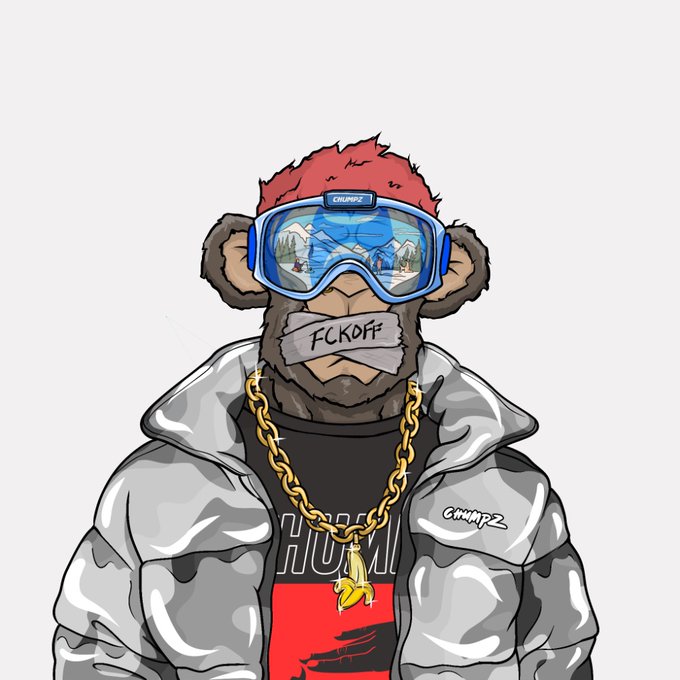 A digital illustration of a monkey character wearing blue 'CHUNKY' ski goggles with duct tape over its mouth reading 'FCKOFF', a gold chain with a banana pendant, and a gray puffy jacket.