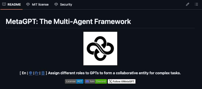GitHub repository header for "MetaGPT: The Multi-Agent Framework," featuring the project's infinity-loop logo and tagline "Assign different roles to GPTs to form a collaborative entity for complex tasks," which visually introduces the multi-agent orchestration concept described in the accompanying post.