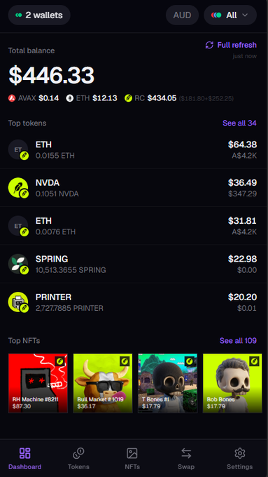 A crypto wallet app showing a total balance of $446.33 in AUD, with top tokens including ETH ($64.38), NVDA ($36.49), ETH ($31.81), SPRING ($22.98), and PRINTER ($20.20).