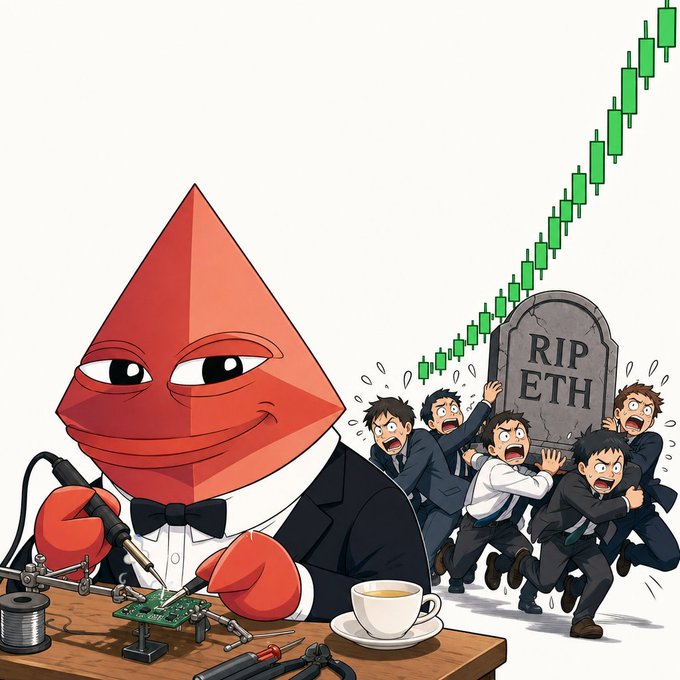 A cartoon Ethereum mascot in a tuxedo casually solders a circuit board at a workbench, while panicked businessmen flee in the background past a tombstone reading "RIP ETH" as a green candlestick chart soars upward—visually capturing the post's theme of ETH's sudden revival from bearish eulogies to bullish optimism after climbing back above $2,300 with $47B added in 48 hours.