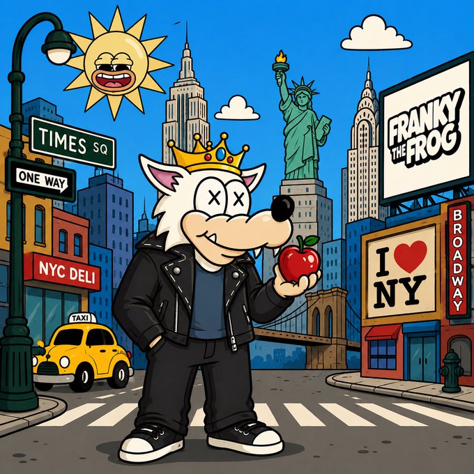 A cartoon character named 'FRANKY THE FROG' wearing a black leather jacket and gold crown stands in a New York City street scene holding an apple, with signs reading 'TIMES SQ', 'ONE WAY', 'NYC DELI', 'I ❤ NY', and 'BROADWAY' visible.