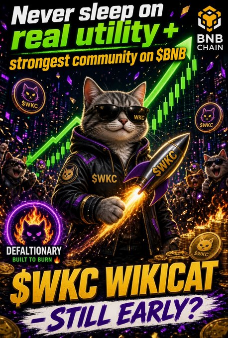 The image is a vibrant promotional poster for the "$WKC WIKICAT" cryptocurrency on the BNB Chain, featuring an anthropomorphic cat wearing sunglasses and a "$WKC" jacket while holding a rocket, surrounded by rising chart arrows, burning coins, and text declaring "Never sleep on real utility + strongest community on $BNB," "STILL EARLY?," and "DEFALATIONARY BUILT TO BURN." The bold visuals directly reinforce the post's message about $WKC's real-world utility, strong community backing, and recent surge of roughly +50–90% over the past month, framing the token's momentum as a compelling early-entry opportunity.