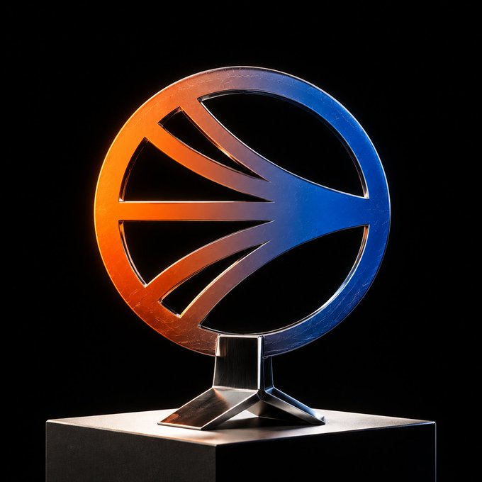 A 3D rendering of a metallic basketball sculpture with an orange-to-blue gradient, displayed on a pedestal against a black background.