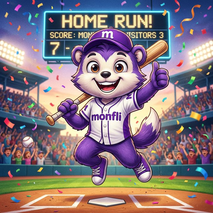 The image features a cartoon character, likely a baseball player, wearing a purple uniform and holding a bat while standing on home plate at a baseball field. The background of the image shows a scoreboard displaying "HOME RUN!" along with confetti falling from above. The caption below the image reads "LAUNCHING TOMORROW ON NAD.FUN. Only the real $MONFLI. Everything else is a fake CA scam. Don't get caught looking. Official links only. Swing with us or sit on the bench."