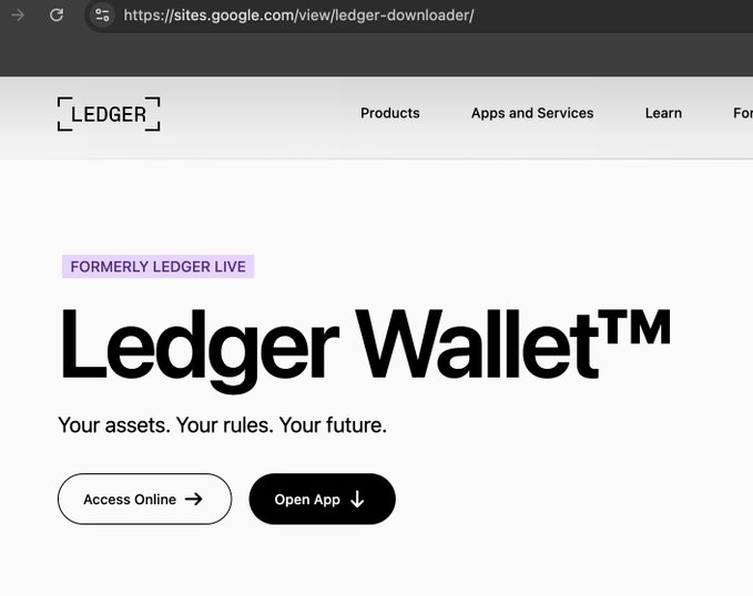 The image shows a legitimate-looking Ledger Wallet landing page hosted on a Google Sites URL (sites.google.com/view/ledger-downloader/), rebranded from "Ledger Live," with options to "Access Online" or "Open App." This illustrates the post's concern that Google Search is returning what appears to be a fraudulent/phishing site impersonating Ledger's software on a Google domain, posing serious security risks to crypto users.