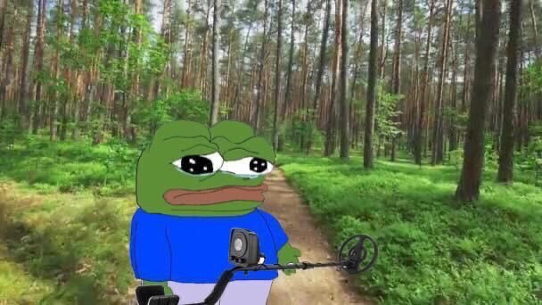 A sad Pepe the Frog meme character in a blue shirt holding a metal detector in a forest setting.