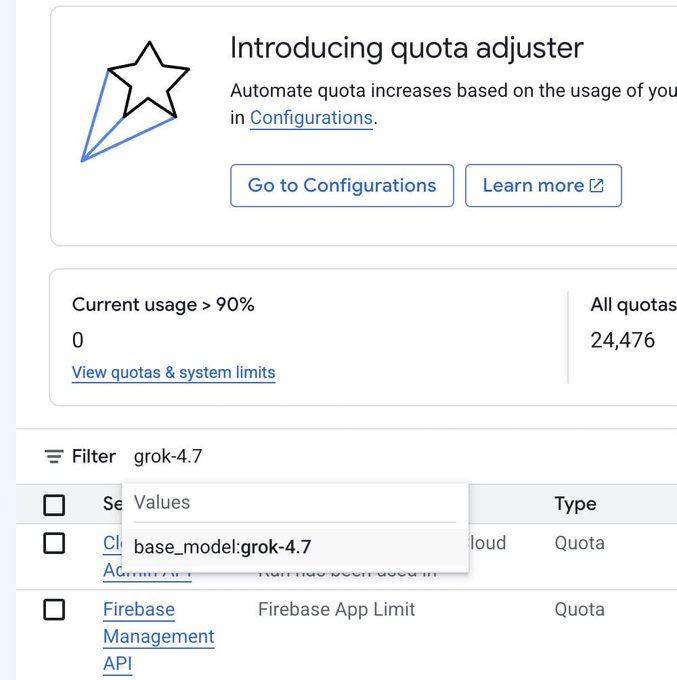 A Google Cloud console screenshot shows a quota filter applied with the value "base_model:grok-4.7," with current usage at 0 out of 24,476 all quotas, confirming the appearance of "grok-4.7" as a base model entry in the Google Cloud platform.