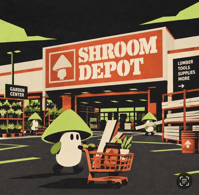 A stylized illustration of a 'Shroom Depot' store parodying Home Depot, featuring mushroom characters with a green-capped mushroom pushing a shopping cart.