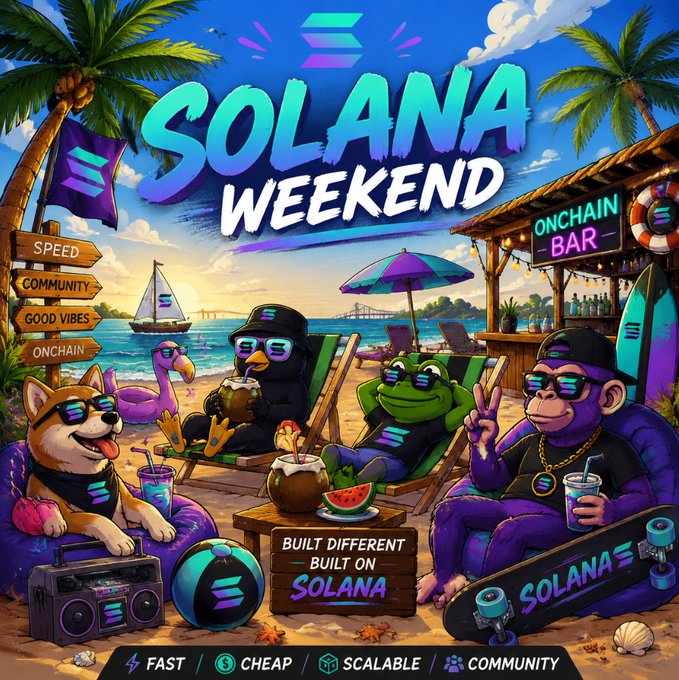 A vibrant cartoon-style promotional graphic for 'SOLANA WEEKEND' featuring anthropomorphic animals (a dog, penguin, frog, and monkey) in Solana-branded apparel at a beachside 'ONCHAIN BAR', with text reading 'BUILT DIFFERENT BUILT ON SOLANA' and tags 'FAST', 'CHEAP', 'SCALABLE', 'COMMUNITY'.