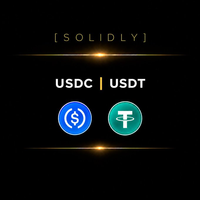 A dark graphic with the text '[SOLIDLY]' at the top and 'USDC | USDT' with their respective cryptocurrency logos (blue USDC coin and teal USDT coin) displayed on a black background.