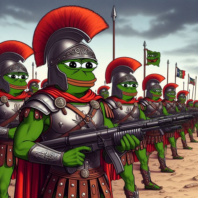 An illustration depicts a regiment of Pepe the Frog characters dressed as Roman soldiers, wearing silver helmets with red plumes, breastplates, and red capes, while holding modern assault rifles. In the background, spears and flags can be seen, including one with a smaller Pepe image, under a cloudy sky.