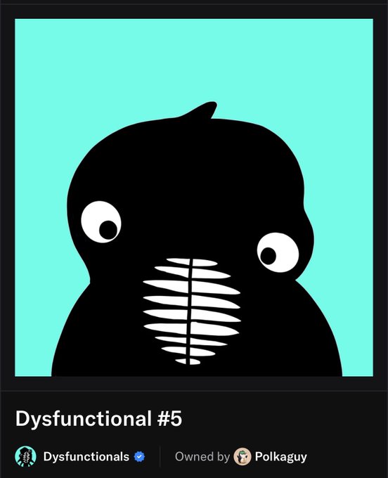 A black penguin silhouette with googly eyes and an exposed ribcage set against a teal background, labeled "Dysfunctional #5" from the Dysfunctionals NFT collection, owned by Polkaguy — matching the post's humorous reference to receiving a "chaotic little Dysfunctional Penguin" airdrop.