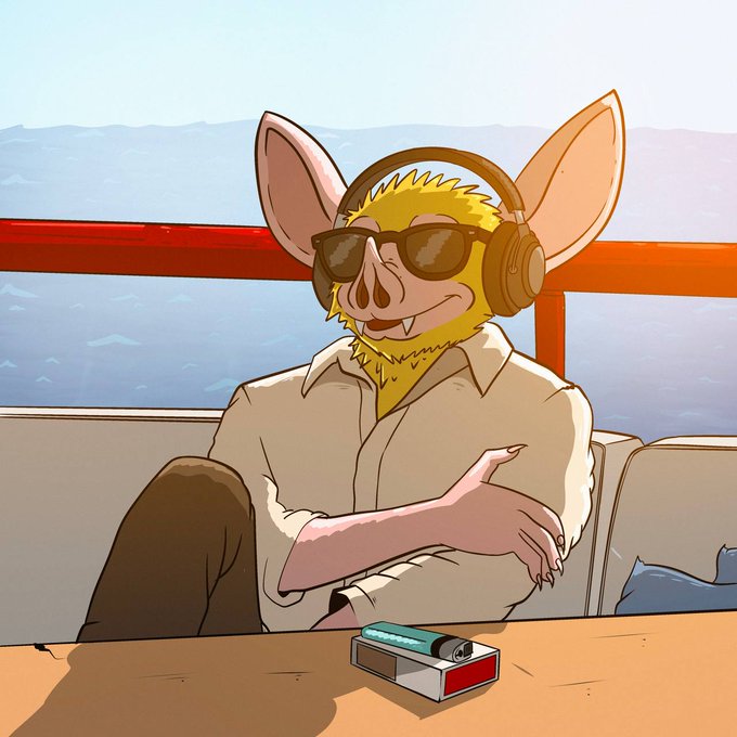 A relaxed anthropomorphic rat in sunglasses, headphones, and a cream shirt lounges by a window with a small pack of cigarettes on the table. The caption “never underestimate a rat with a dream” fits the cool, confident character pursuing his own laid-back ambition.