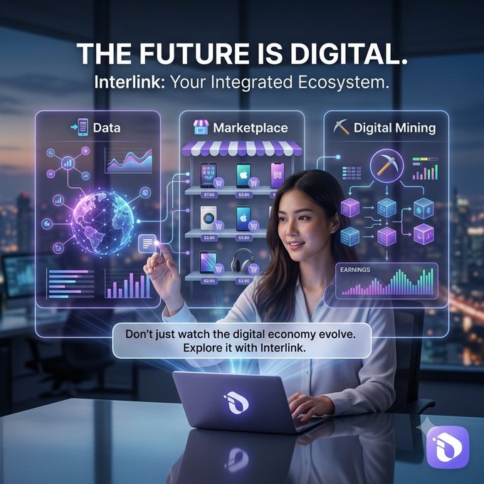 Promotional image for Interlink featuring a woman at a laptop with holographic displays labeled 'Data', 'Marketplace', and 'Digital Mining', with text 'THE FUTURE IS DIGITAL. Interlink: Your Integrated Ecosystem.'