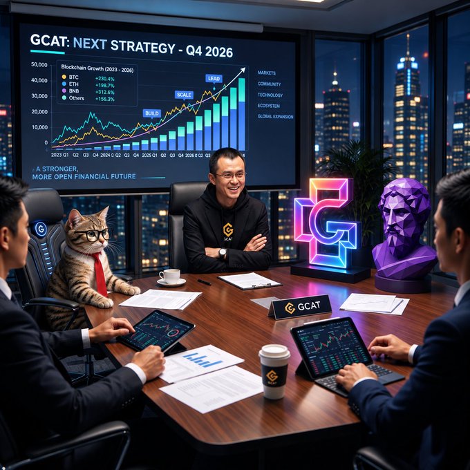 An AI-generated image of a business meeting in a high-rise office showing a chart titled 'GCAT: NEXT STRATEGY - Q4 2026' with growth metrics for BTC, ETH, BNB, and Others, featuring a man at the center alongside a cat in glasses and a purple classical bust.