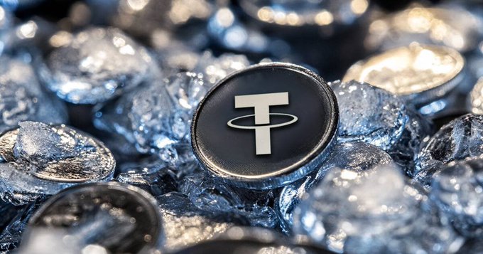 A close-up of a black Tether (USDT) cryptocurrency coin resting on a pile of silver coins and ice.
