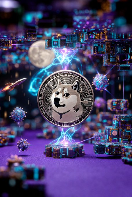 A digital art piece featuring a Dogecoin (DOGE) with a Shiba Inu dog face design, surrounded by glowing neon cyberpunk-style cubes and blockchain-inspired elements.