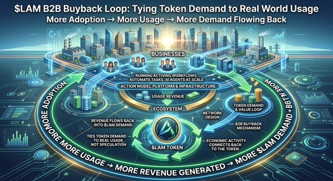 The image features a large cityscape with buildings and roads, representing an action model for a B2B buyback loop. The city represents the business world, while the roads symbolize the flow of money or value within the ecosystem. The focus on this visual representation is to highlight how businesses can use the platform to generate revenue by running workflows, automating tasks, and utilizing AI agents at scale. This model allows for more efficient utilization of resources and increased ROI (Return On Investment).