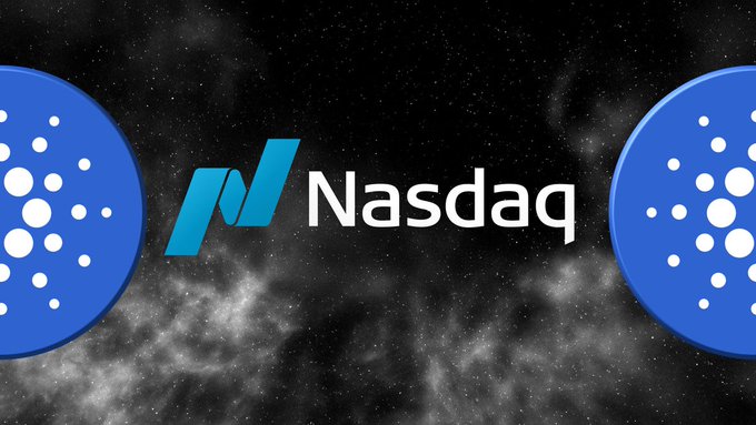 The Nasdaq logo featuring its distinctive blue 'N' symbol flanked by two blue circular icons with dot patterns, set against a starry cosmic background.
