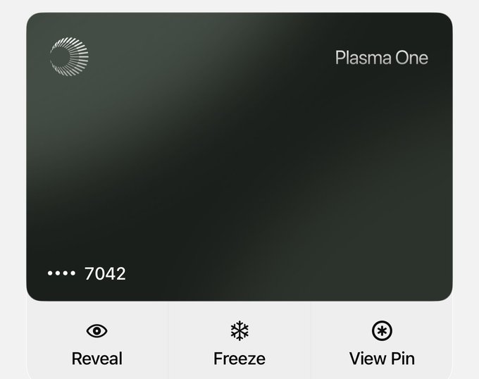 The image shows a credit card application screen with a black background. The main focus of the image is a credit card application, which has a white background with a green logo for "Plasma One" written in black text. Below this, there are three buttons labeled "View Pin", "Fee", and "Revise Pin". These buttons provide options to view the pin number, check the fee amount, or make changes to the pin information. The image also contains some text that reads: "Finally got a few @Plasma invite codes. I'll put two here, and the rest are for friends. I really recommend all capable friends to apply for this card."