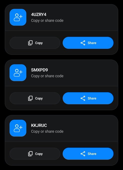 A mobile app interface on a black background showing three referral codes (4UZRY4, SMXPD9, KKJRUC) each with blue 'Copy' and 'Share' buttons labeled 'Copy or share code'.